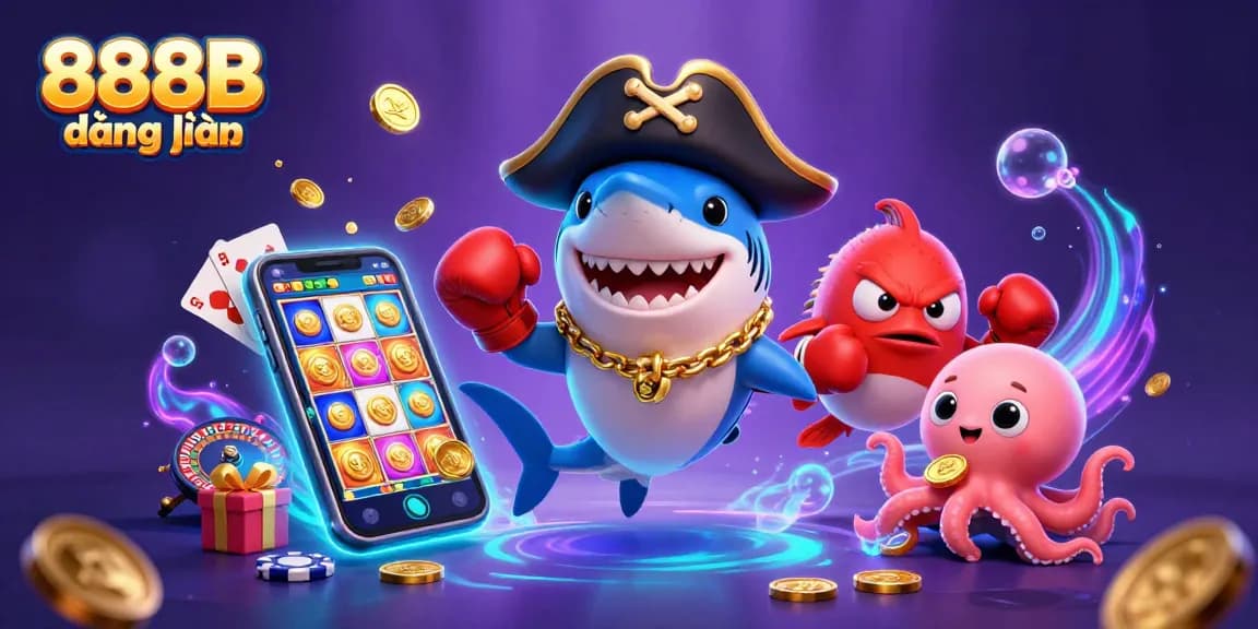 Win big with 888B đăng nhập in this colorful and vibrant underwater casino scene with cartoon characters.