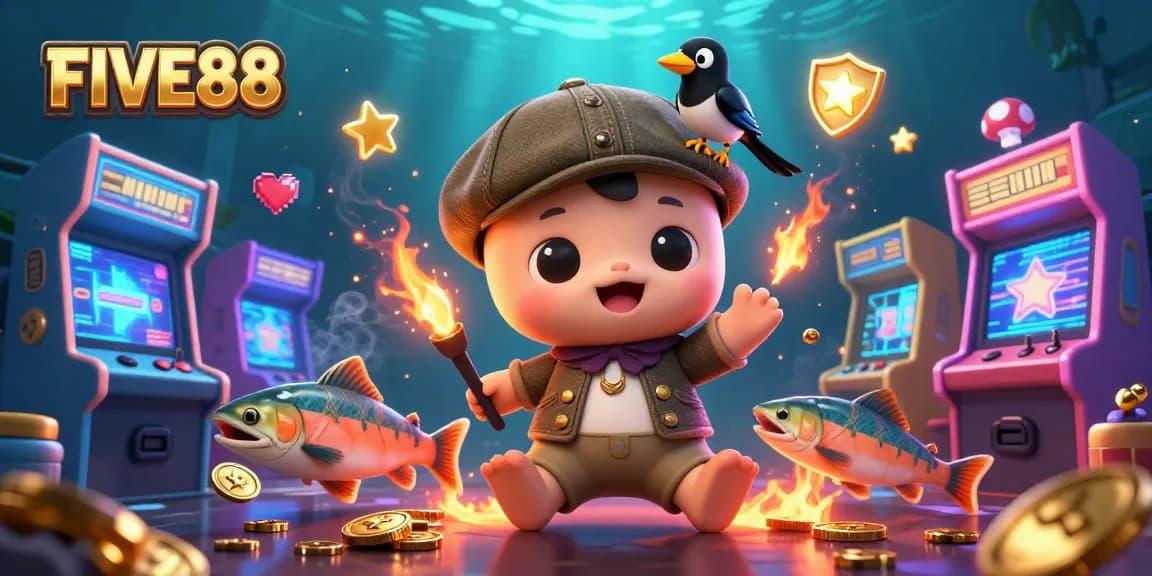 Engage with FIVE88’s exciting slots scene featuring cartoon Nessie and vibrant game elements.