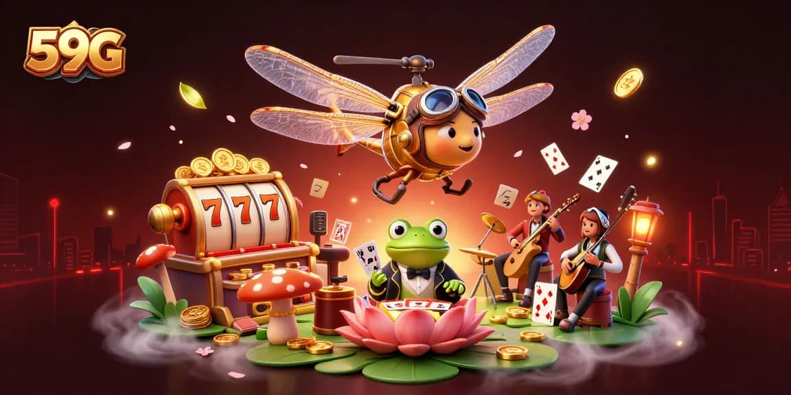 Experience thrilling gaming adventures at 59G with engaging slot reels and a vibrant atmosphere.