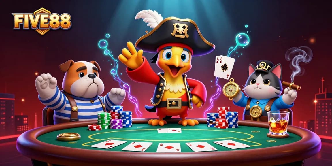 Action-packed scene showcasing FIVE88's exciting gambling atmosphere with pirate-themed characters and dynamic poker elements.
