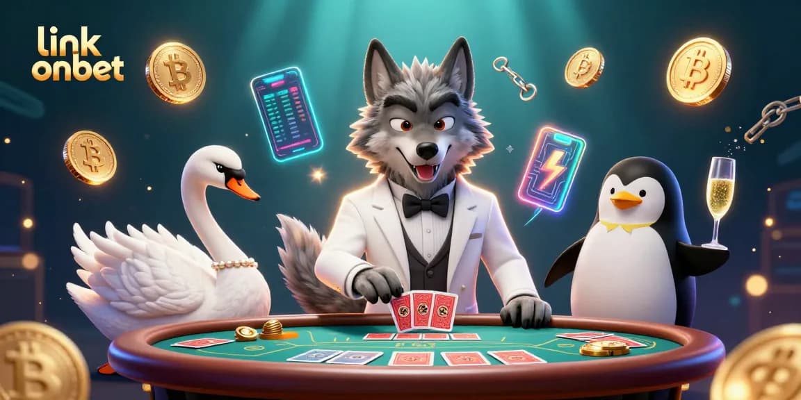 Experience excitement at the link onbet casino with a vibrant 3D illustration of a wolf, swan, and penguin in action.