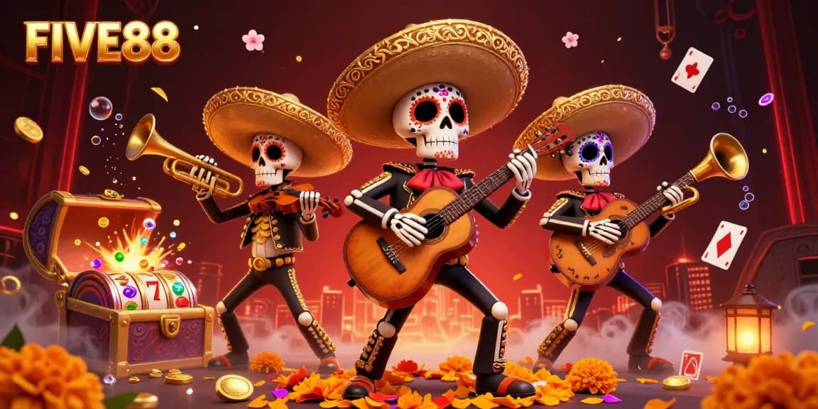 Engage with FIVE88's vibrant mariachi scene, showcasing thrilling slot elements and energetic gameplay.
