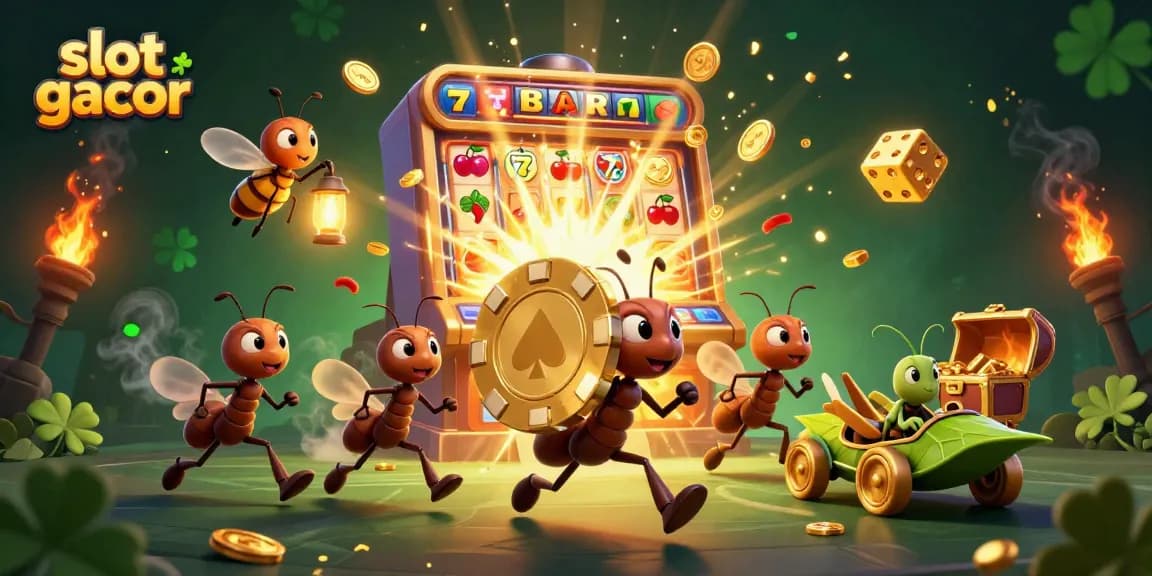 Experience the excitement of slot gacor with dynamic ants on a heist amidst dazzling casino elements.