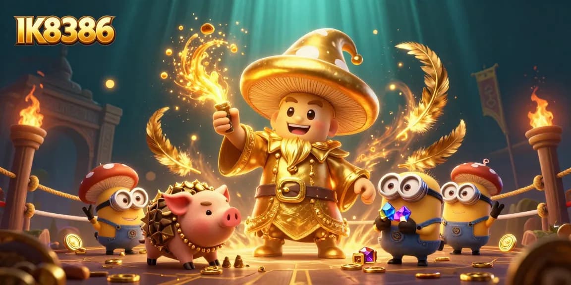 Engage with thrilling gambling experiences at IK8386 featuring golden wizard and treasure scenes.