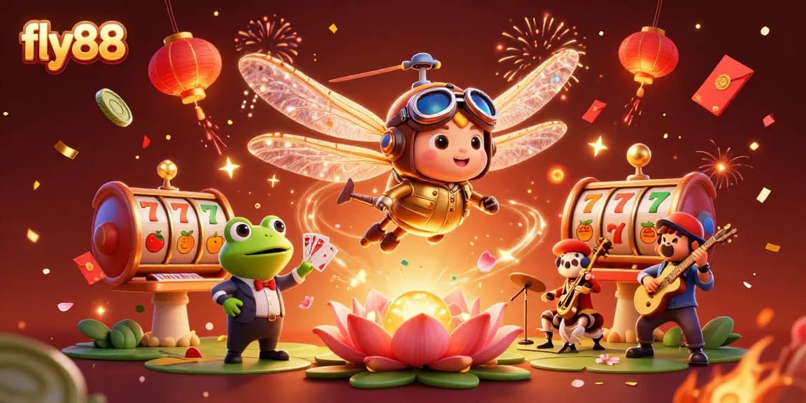 Experience the excitement at fly88 with a vibrant 3D casino scene featuring a dragonfly pilot and lucky elements.