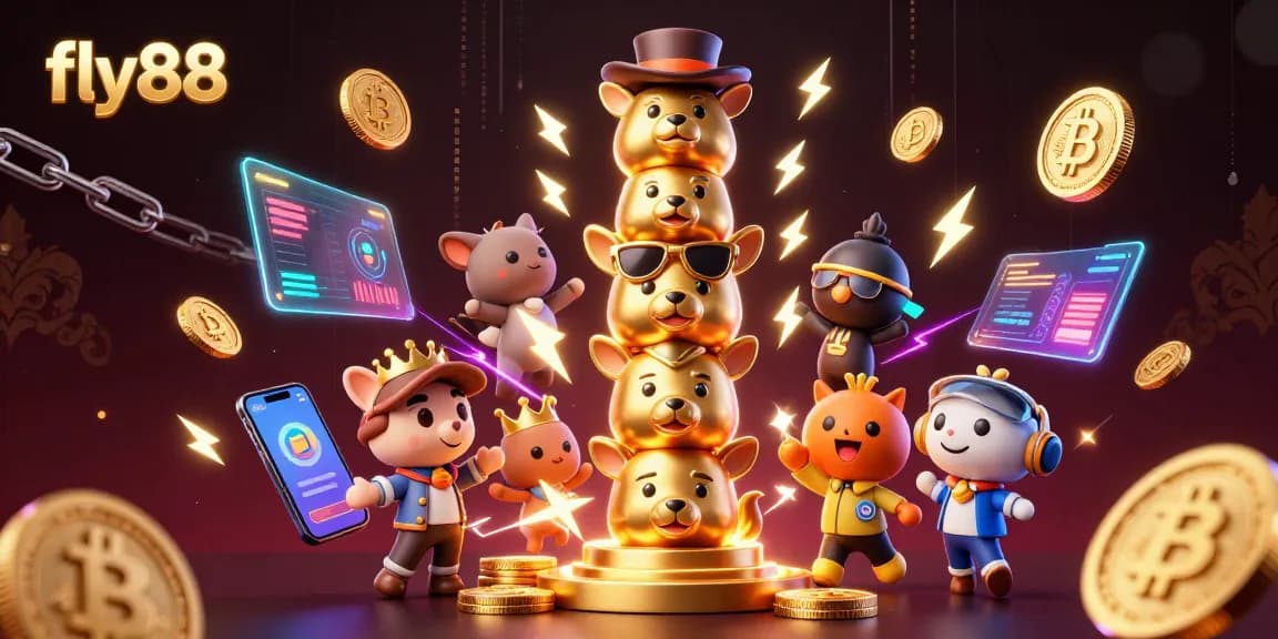 Experience winning at fly88 casino with a dynamic totem pole illustration featuring crypto elements.