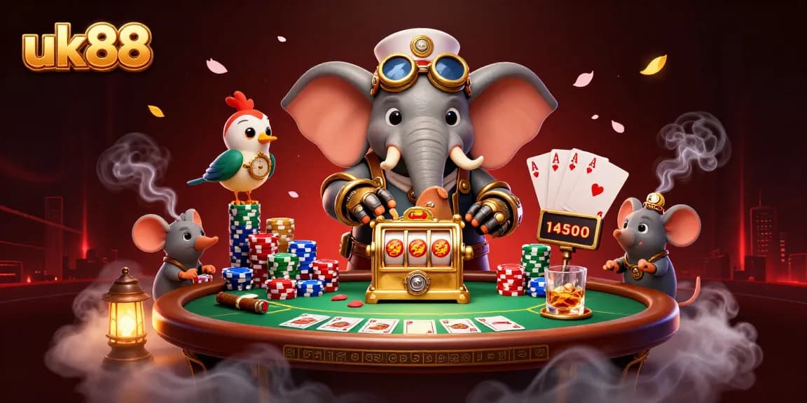 Engage with exciting slots at uk88, featuring a whimsical 3D elephant and vibrant poker elements.