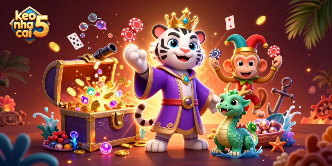 Enhance your betting experience with keo nha cai 5 featuring a vibrant scene of playful characters and rich casino elements.