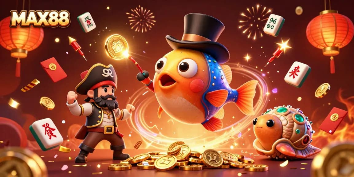 Engage in exciting gameplay at MAX88 while golden coins, mahjong tiles, and festive decorations surround vibrant cartoon sea creatures.