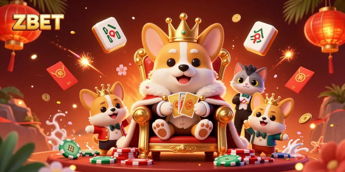 Experience ZBET's vibrant gaming world with a royal theme featuring a corgi on poker chips.