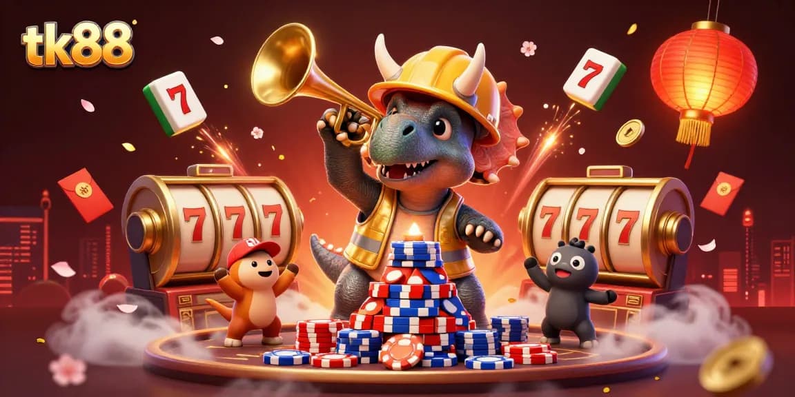 Play at tk88 with a vibrant scene of a triceratops building poker chips amidst festive gambling elements.