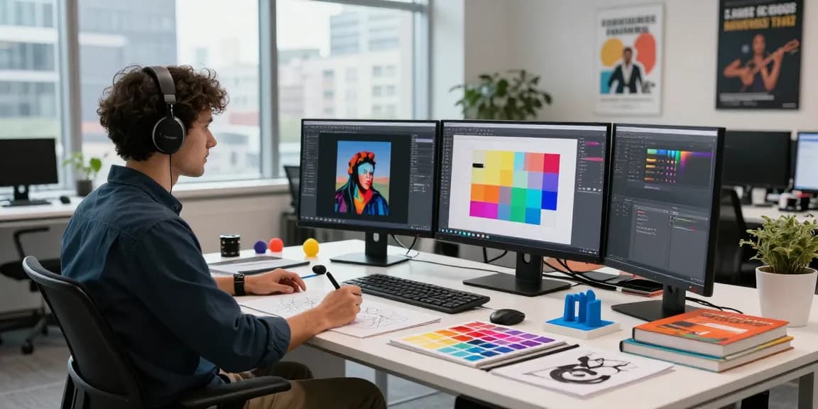 Innovative tech workspace with designer using an AI image generator on dual monitors, sketchbooks, and vibrant colors.