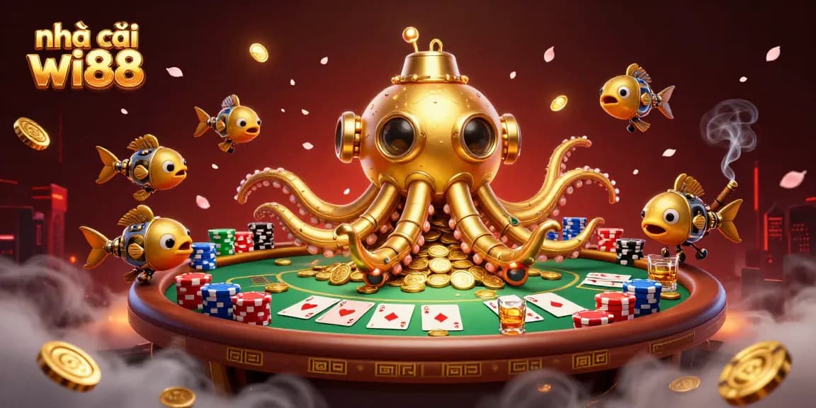 Experience thrills at nhà cái wi88 with a vibrant casino illustration showcasing card games, gold coins, and exciting atmosphere.