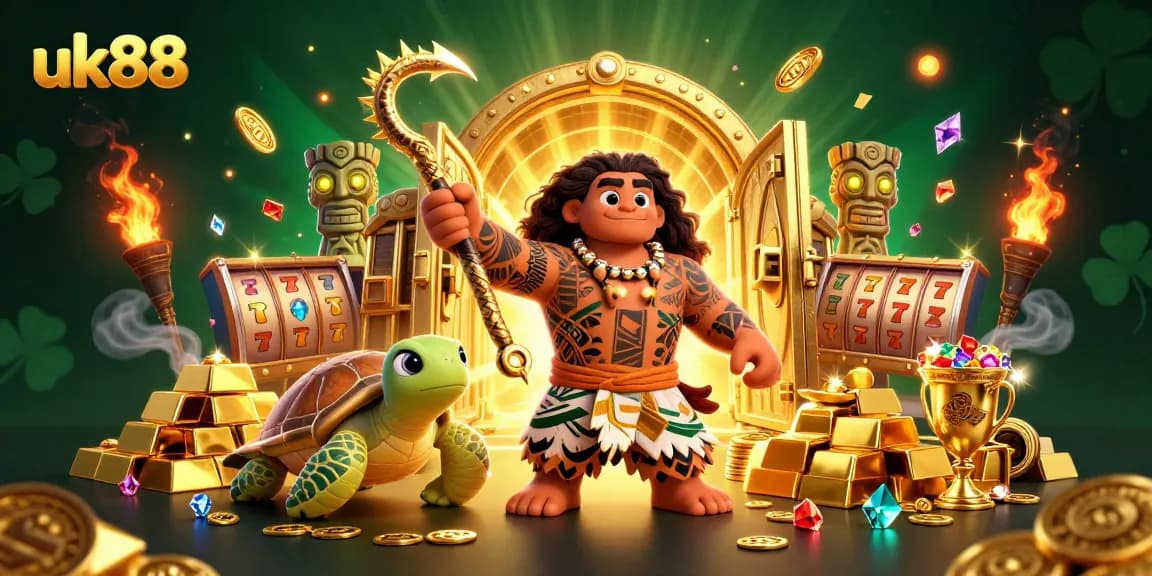 Spin the reels with uk88, featuring a Polynesian hawk and a turtle amidst treasure and slot symbols.
