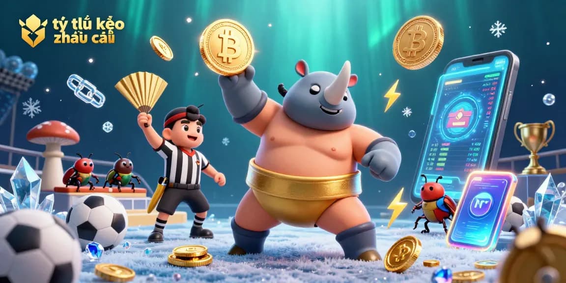 Engage with tỷ lệ kèo nhà cái in a dynamic sports betting scene featuring a beetle sumo champion and crypto coins.