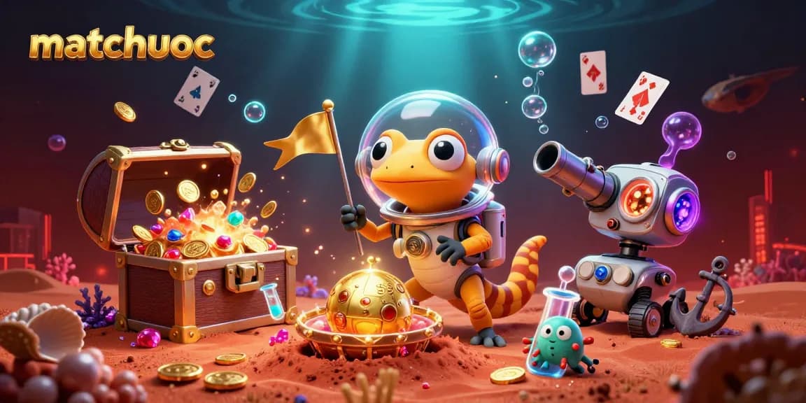 Engage with matchuoc's immersive gaming universe featuring a Martian gecko in a vibrant casino setting.