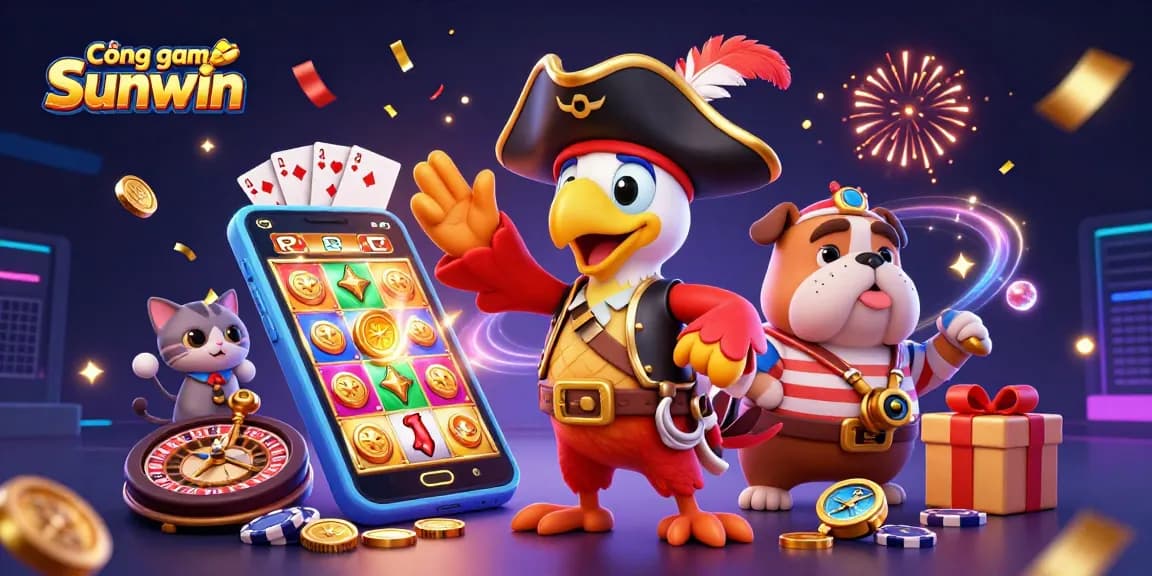 Cổng game Sunwin showcases a vibrant casino-themed illustration featuring dynamic characters and interactive gaming elements.