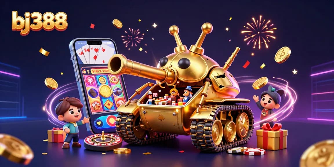 Bj388 brings excitement with a massive golden beetle tank displaying a mini casino, vibrant slot games, and golden coins.