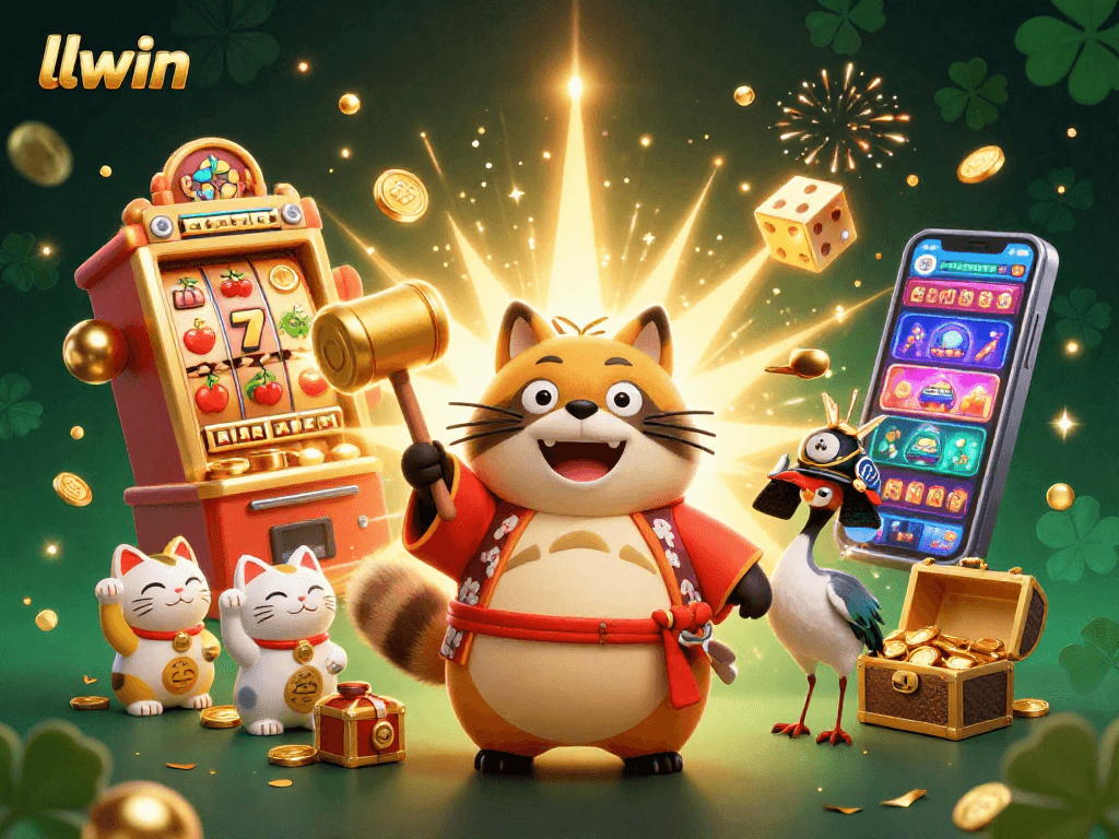 llwin offers a vibrant casino experience with a cheerful tanuki, jackpots, and colorful symbols.