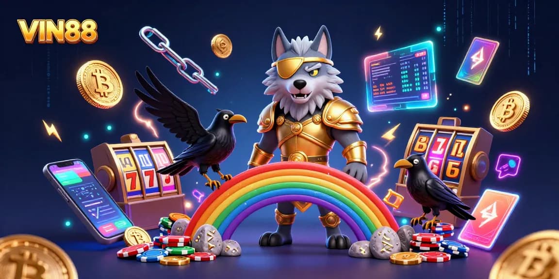 Experience thrilling gaming with VIN88 as Odins, ravens, and neon crypto collide in a vibrant scene.