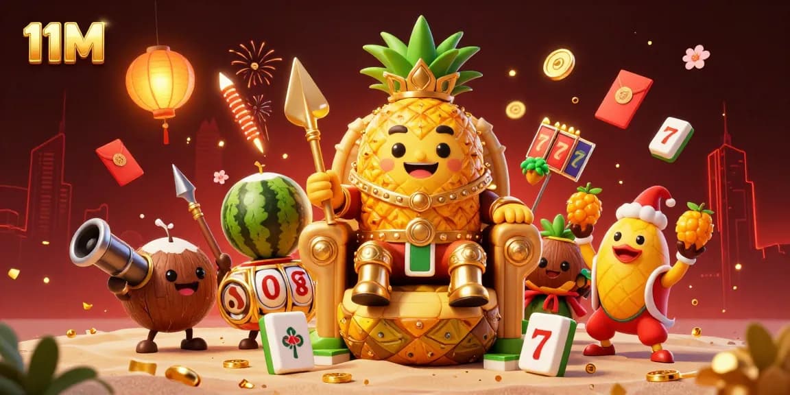 Engage with the dynamic 11M illustration showcasing casino vibes with golden jackpot elements and vibrant characters.
