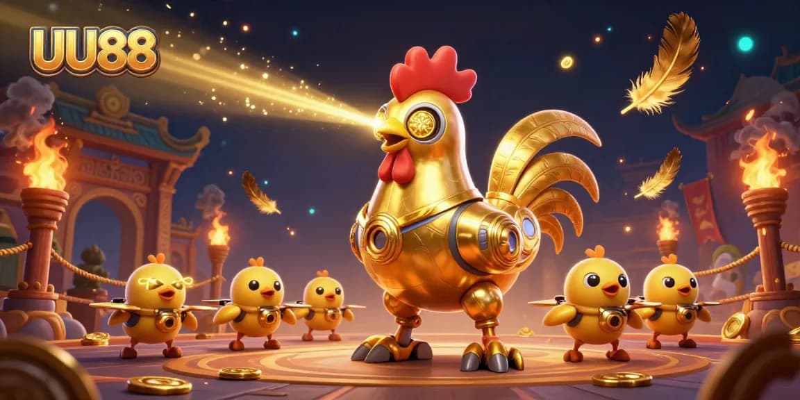 Engage in thrilling gameplay at UU88 with golden rooster robot and dynamic gaming elements.