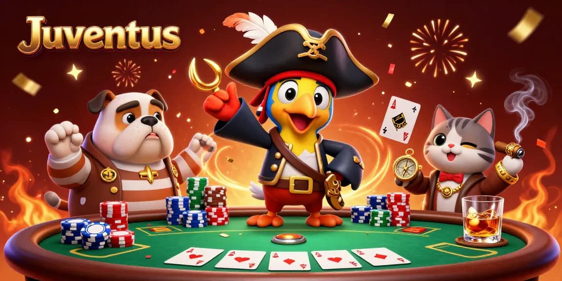 Juventus pirate-themed casino scene showcasing vibrant poker action and dynamic characters.