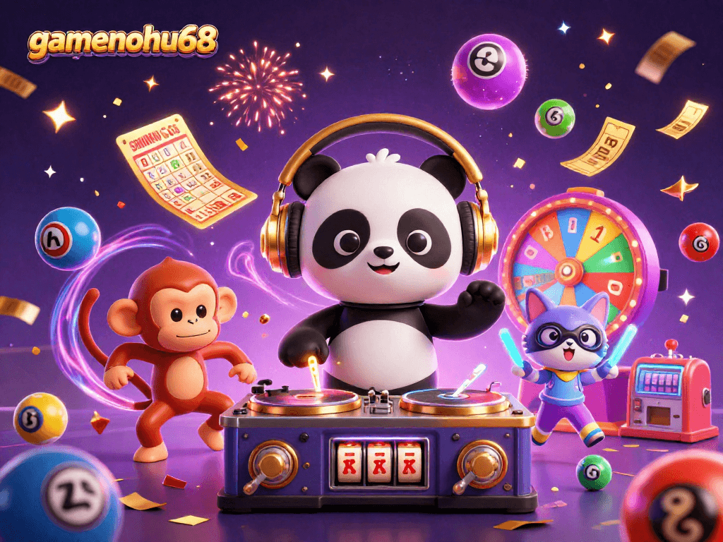 Experience the thrill at gamenohu68 with DJs, slot machines, and vibrant party elements!