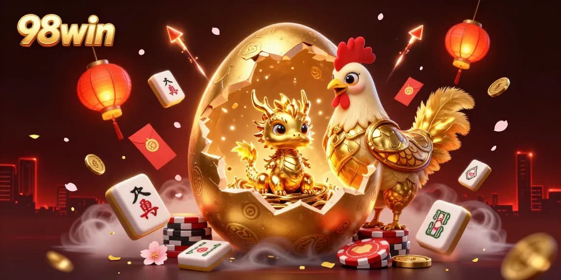 Experience the thrilling world of 98win with a cartoon-style illustration of a golden dragon and poker chips, embodying the excitement of online gambling.
