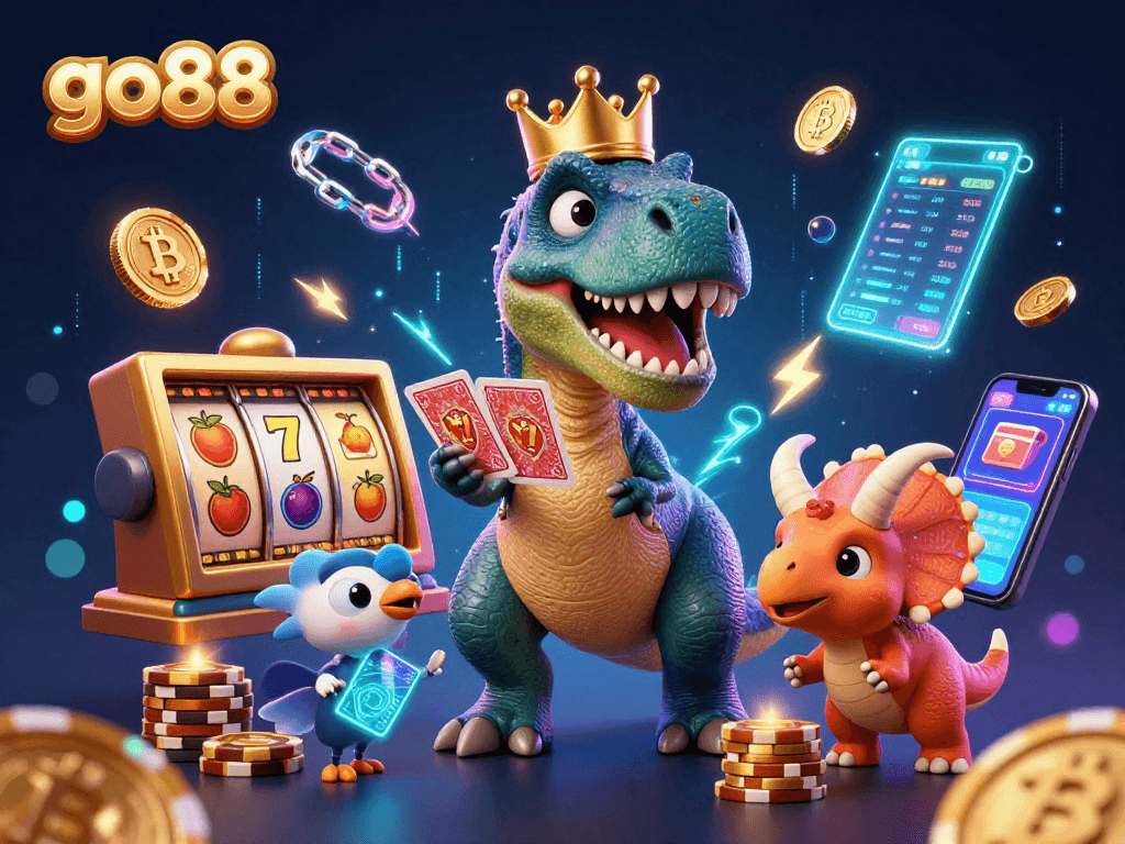 Engage with go88's thrilling casino adventure featuring a T-Rex dealt cards and colorful chips.