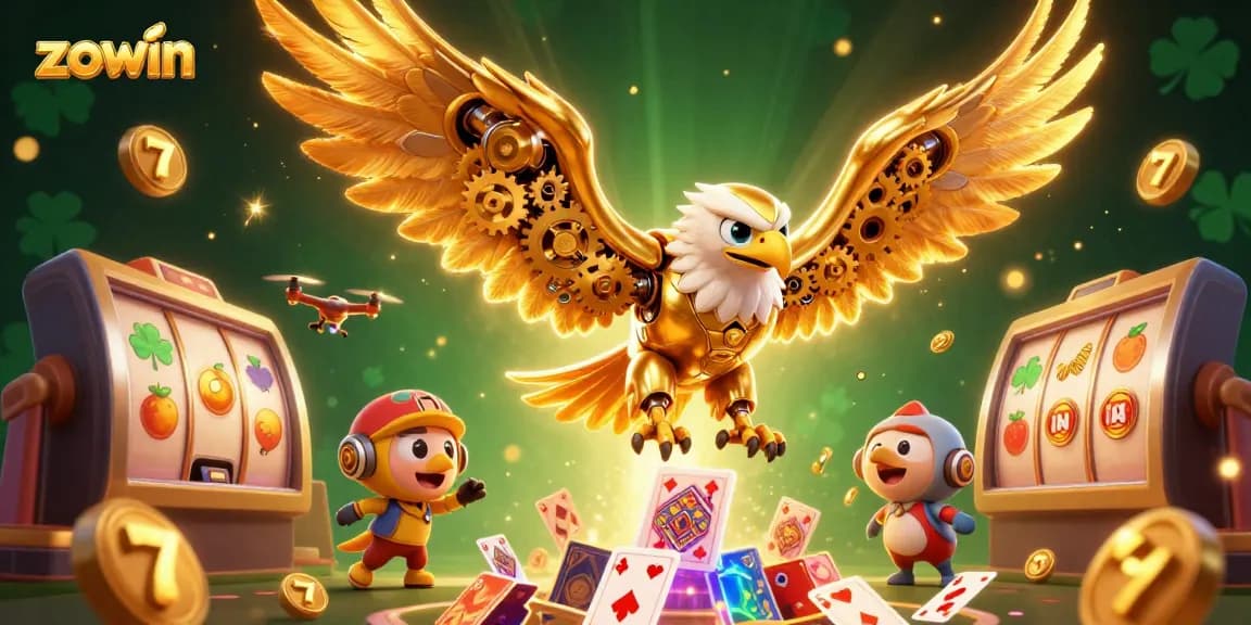 Zowin's vibrant 3D illustration showcases a cybernetic eagle amidst a slot game extravaganza, enticing players with jackpots.