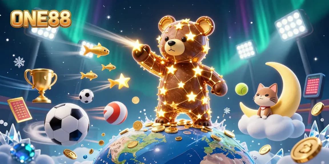 Experience the thrill of ONE88 with our vibrant casino-themed illustration featuring golden stars and playful characters.