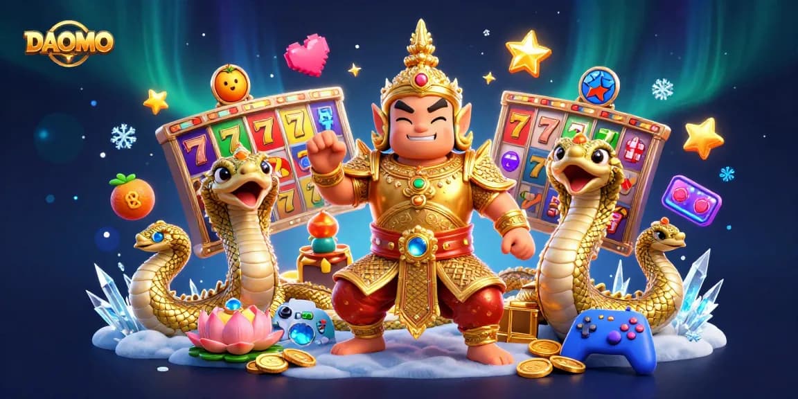 Engage with DAOMO's exhilarating jackpot experience surrounded by vibrant slot elements and dynamic characters.