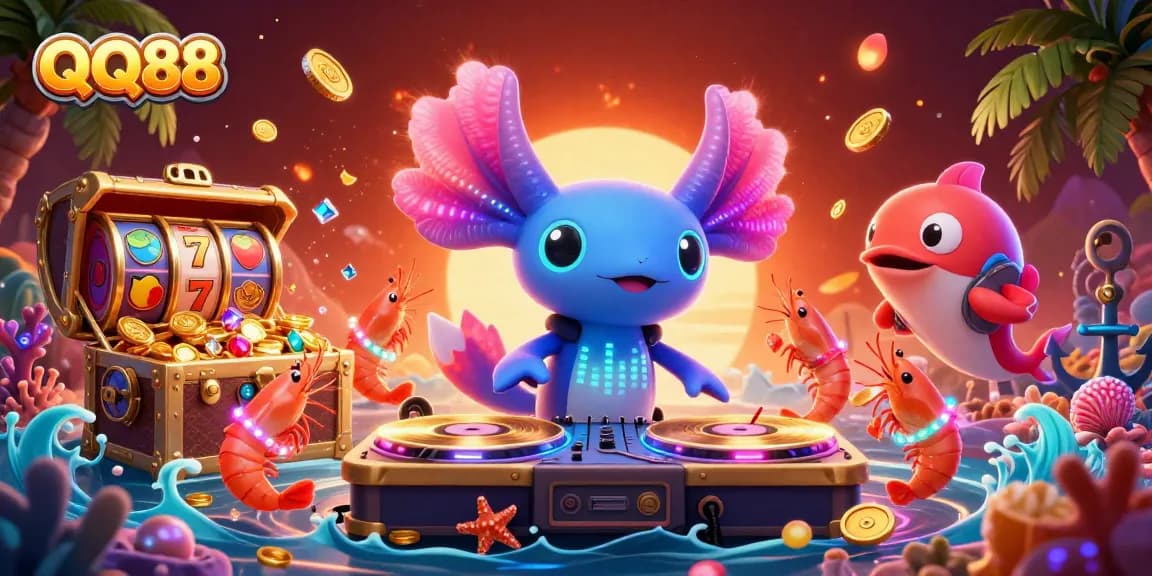 Win big with QQ88 in a vibrant underwater casino scene featuring a DJ axolotl.