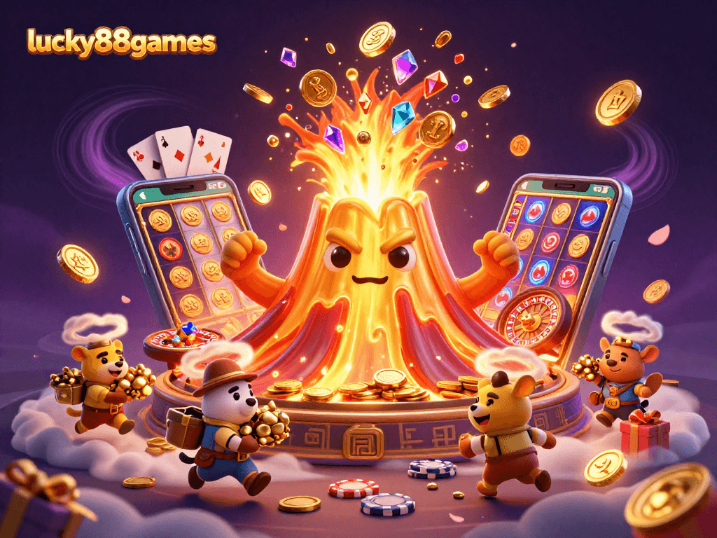 Experience the excitement of lucky88games as a golden volcano erupts coins and gems, encapsulating thrilling casino gameplay.