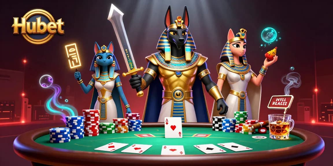 Hubet showcases an epic poker scene with Anubis and Bastet in vibrant casino atmosphere.