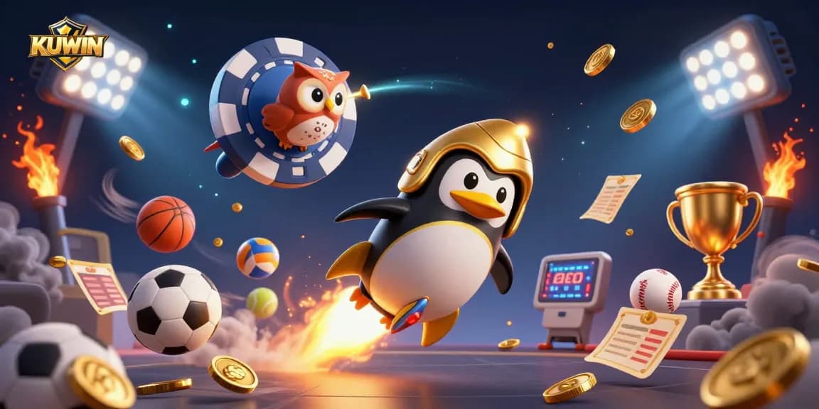 KUWIN introduces a vibrant fantasy casino scene with a golden penguin rocket and dynamic game elements.