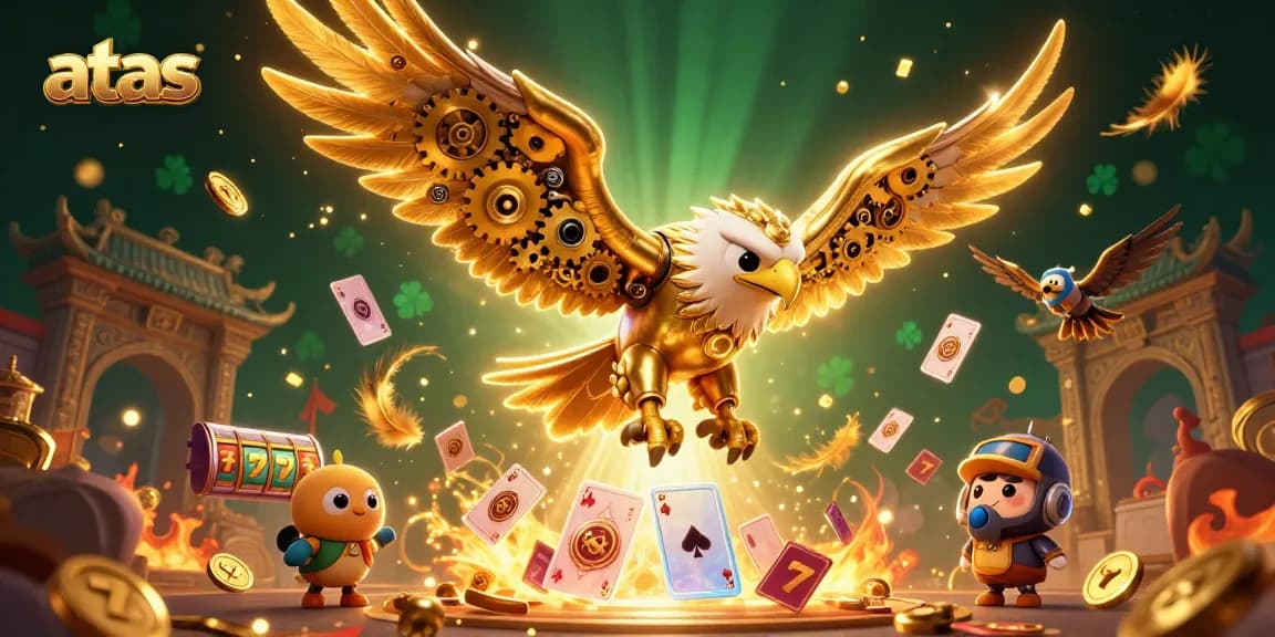 Slot reels and a cybernetic eagle soar above vibrant holographic playing cards at atas casino.