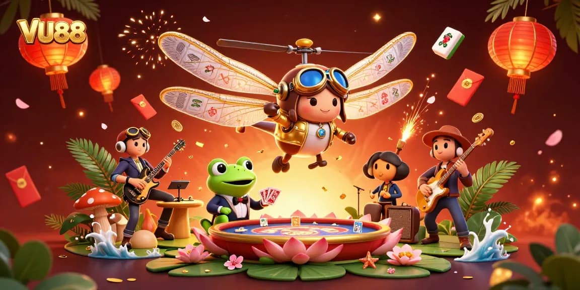 Experience thrilling card dealing at VU88's lily pad casino with dynamic jazz sounds.