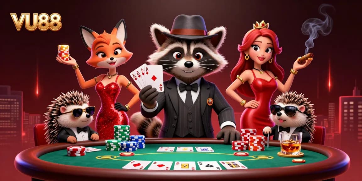Experience thrilling poker action at VU88 with a raccoon holding a royal flush and charming characters