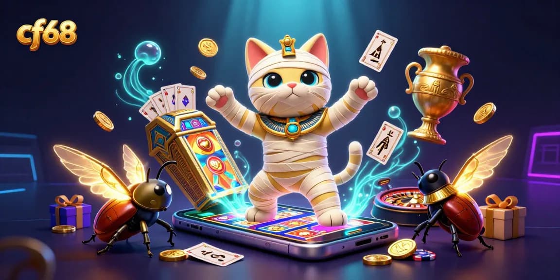 Play at cf68 with an Egyptian mummy cat in a pyramid casino, bursting with slot game excitement.