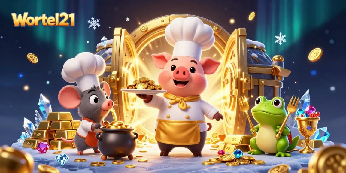 Wortel21 chef pig serves gold coins in dynamic casino scene filled with treasures