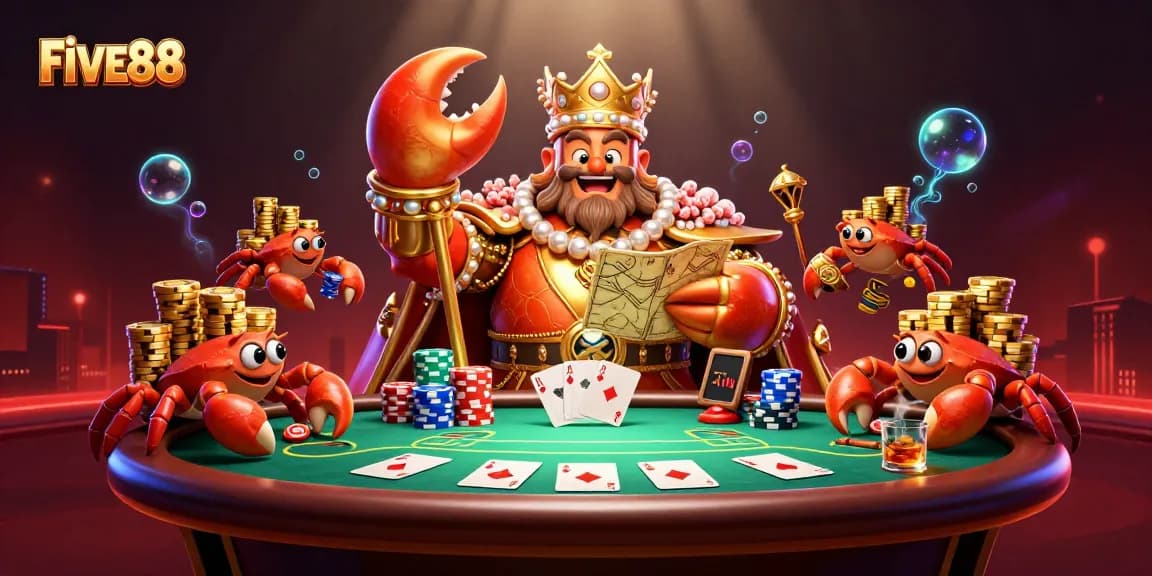 Experience the excitement of FIVE88 with the golden emperor crab overseeing dynamic poker action.
