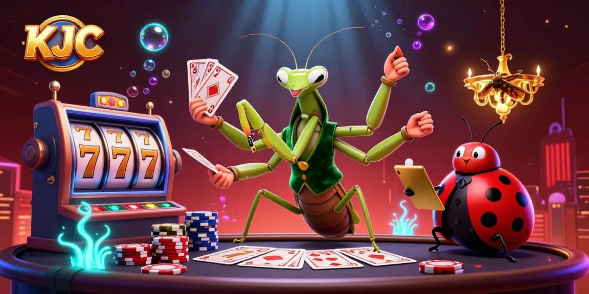 KJC engages players with a vibrant 3D gambling scene featuring a charming mantis dealer.