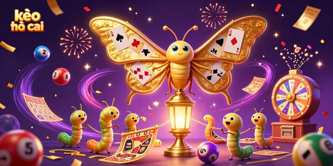 Experience the excitement of kèo nhà cái with a vibrant scene of lottery elements, golden moth, and dynamic energy.