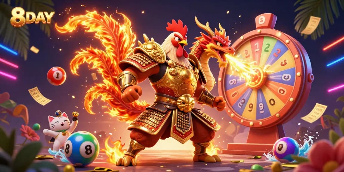 Engage with exciting games at 8DAY, featuring vibrant scenes of dynamic gameplay with colorful elements.