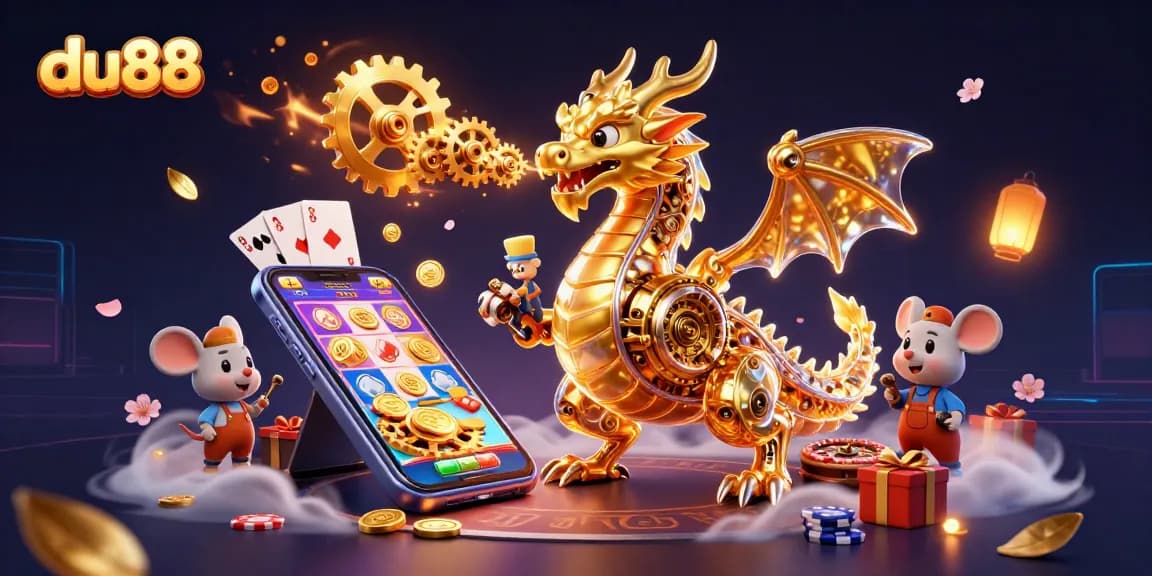 Engage with the vibrant du88 slot gaming scene featuring a biomechanical dragon and gold coins.