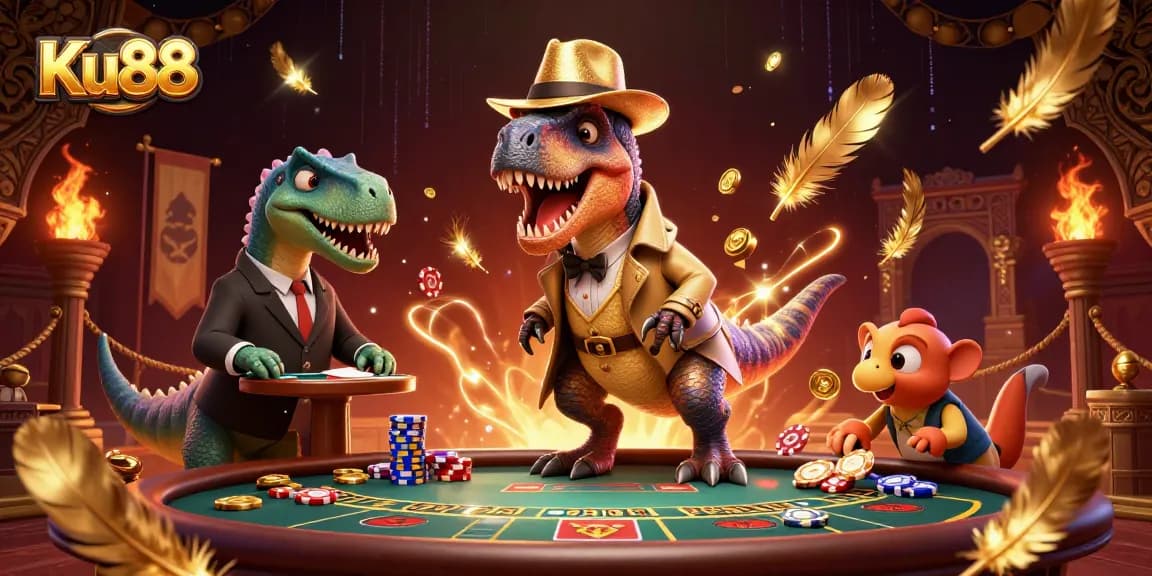 Experience thrilling action at Ku88 with a velociraptor counter and stegosaurus pit boss at a vibrant blackjack table.