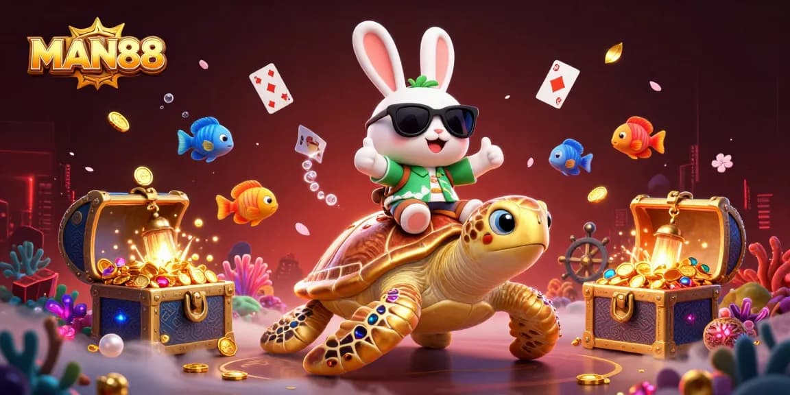 Engage with MAN88 at the exciting casino adventure, featuring a lucky rabbit on a sea turtle!