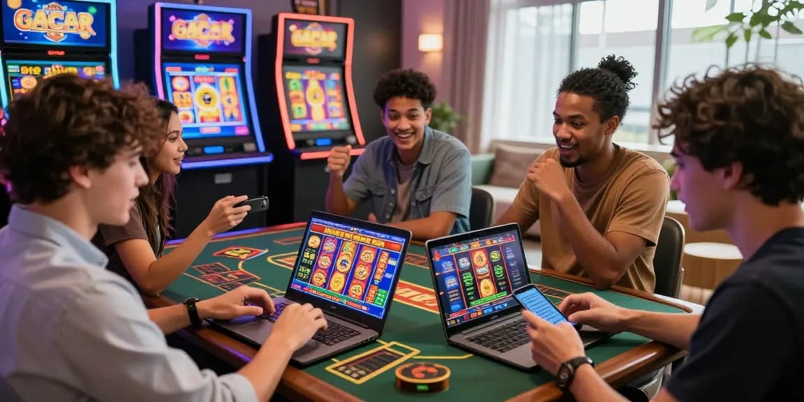 Friends enjoying slot gacor games at home with excitement and modern gaming setup.